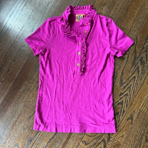 Tory Burch Ruffle Collar Logo Button Down in Fuchsia/Pink/Purple Medium - Picture 2 of 8